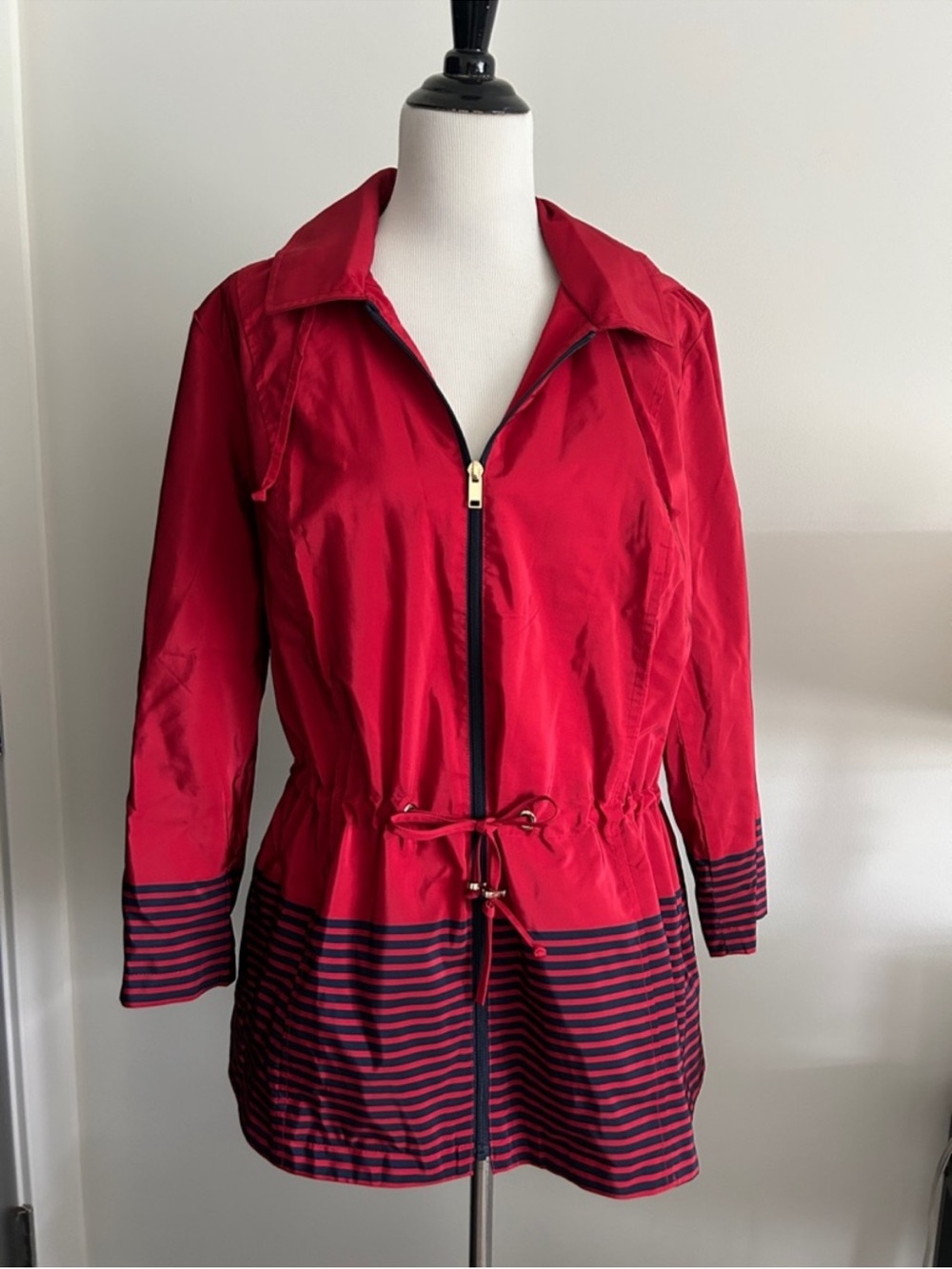 Charter Club ❤️XL Red Drawstring Zip-Front Utility Jacket with Navy Stripe